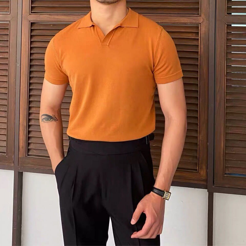 Men's Lapel Knitted Short-sleeved Slim T-shirt