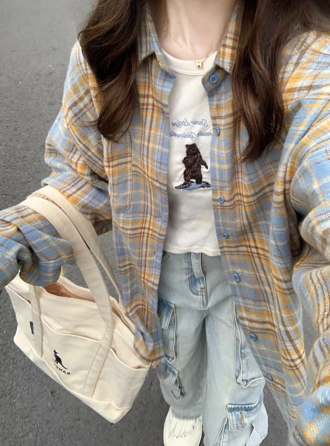 Dopamine Sweet Milky Yellow Plaid Shirt For Women