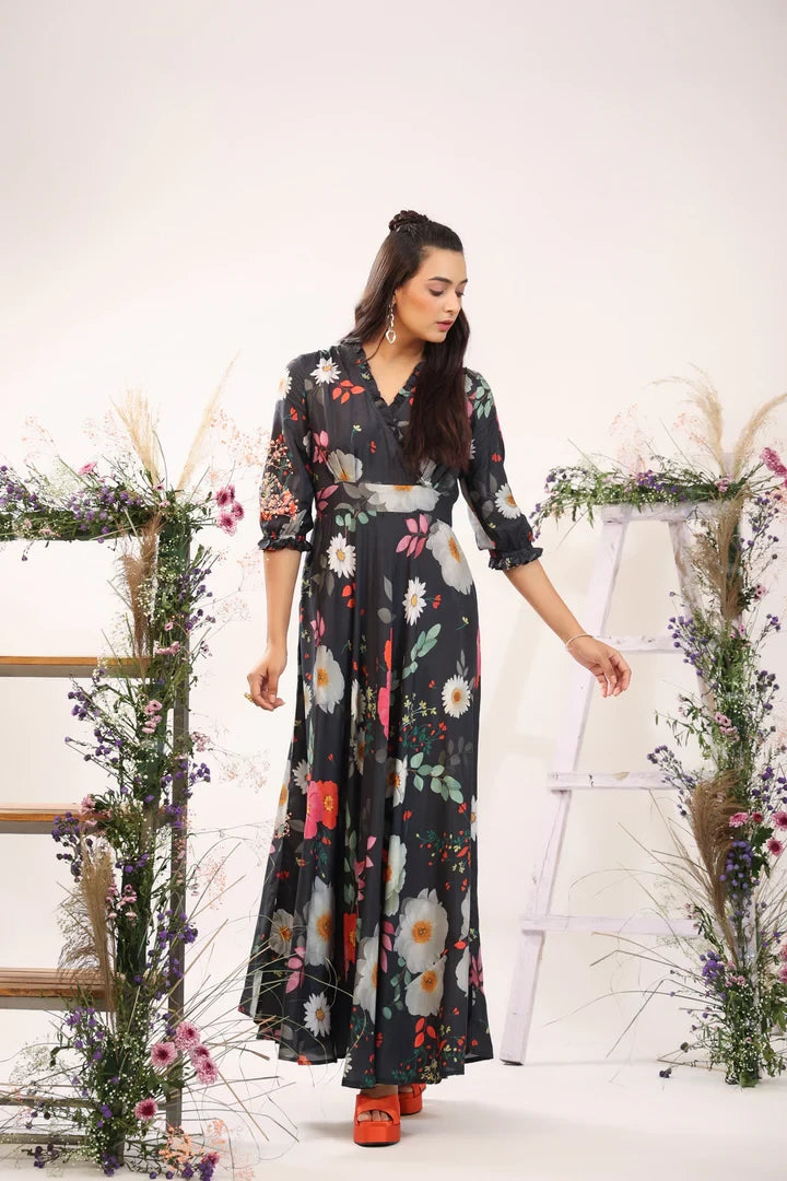 Black Women's Floral Printed Stylish Long Party Wear Maxi Dress