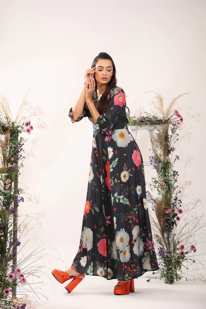 Black Women's Floral Printed Stylish Long Party Wear Maxi Dress