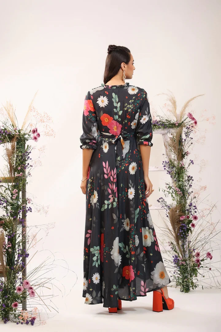 Black Women's Floral Printed Stylish Long Party Wear Maxi Dress