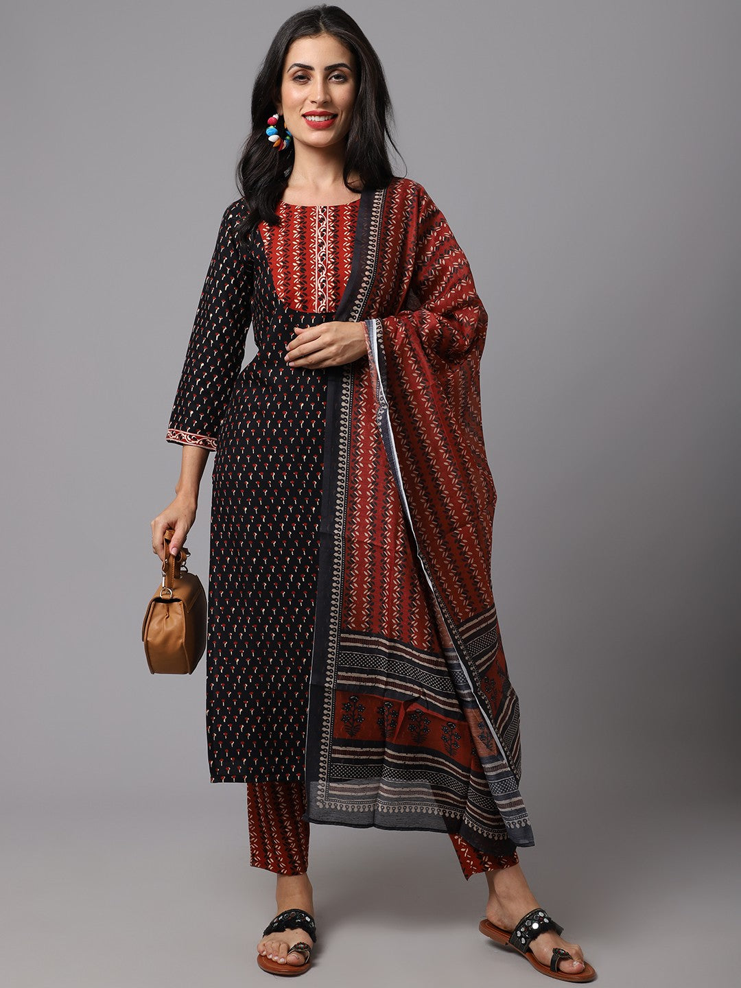 Black & Red Printed Fancy Kurti With Bottom Dupatta set