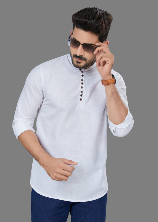 Men White Cotton Solid Plain Full Sleeve Stylish Short Kurta