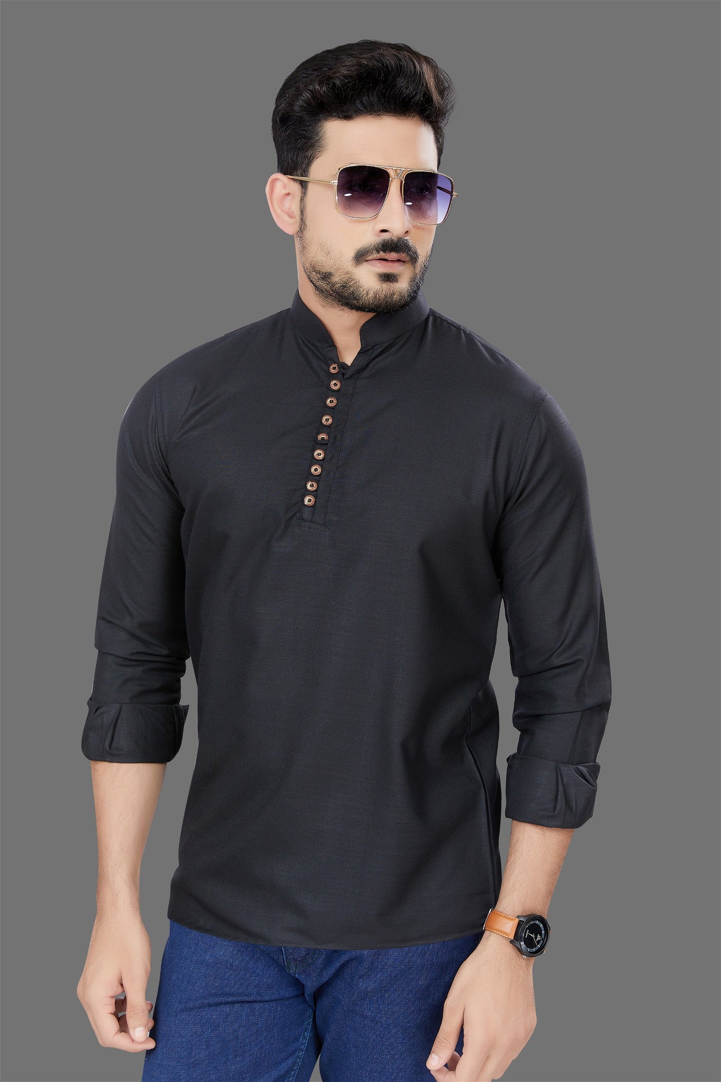 Casual Wear Short Kurta For Men Slim Fit Solid Mandarin Collar