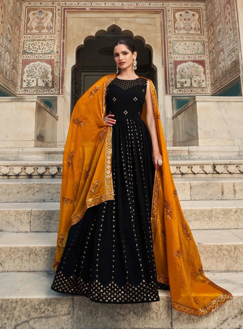 Black Women's Gown With Mustard Yellow Dupatta