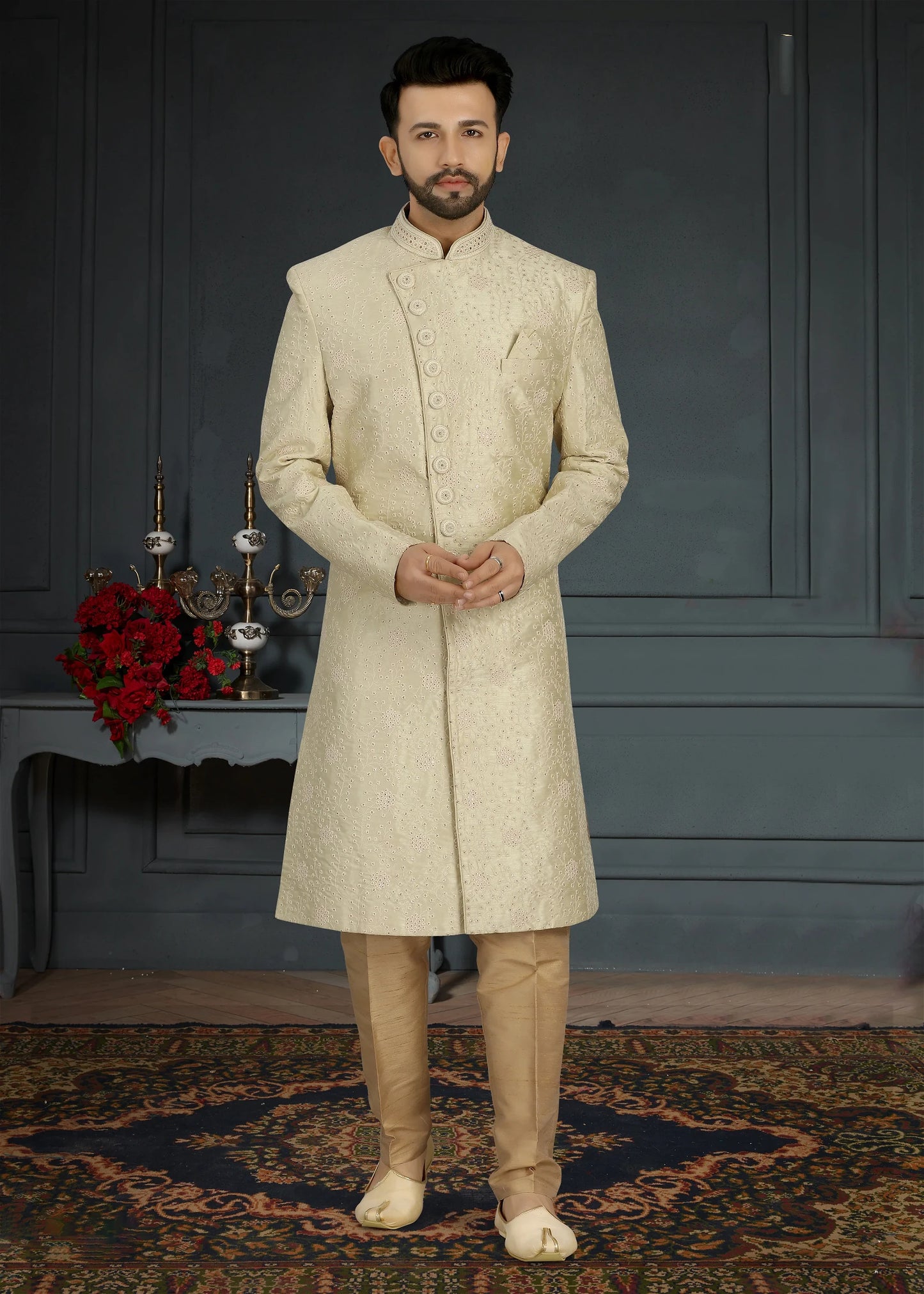 Beige Colour Heavy Look Wedding Sherwani For Men