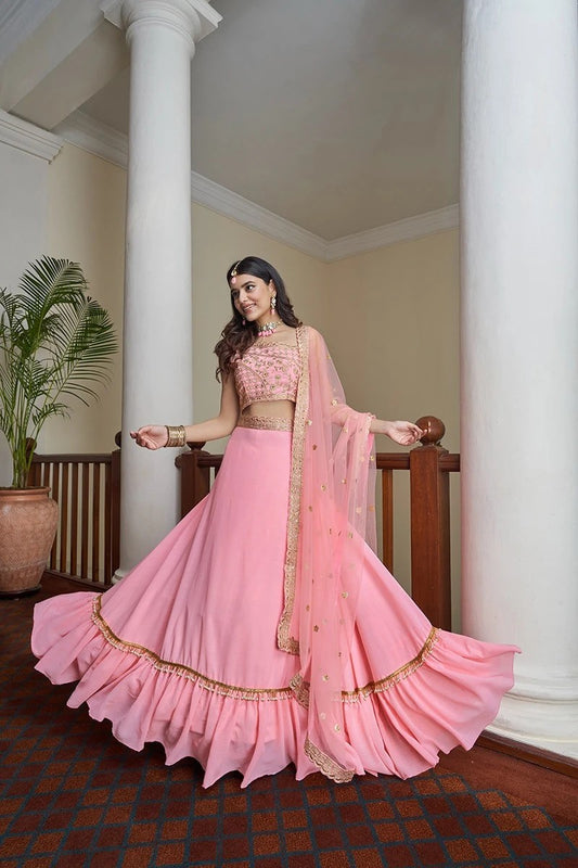 Pink Colour Thread and Embroidery Work Lehenha Choli