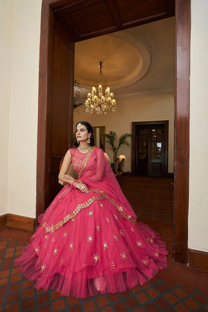 Bright Pink Colour Thread and Embroidery Work Lehenha Choli