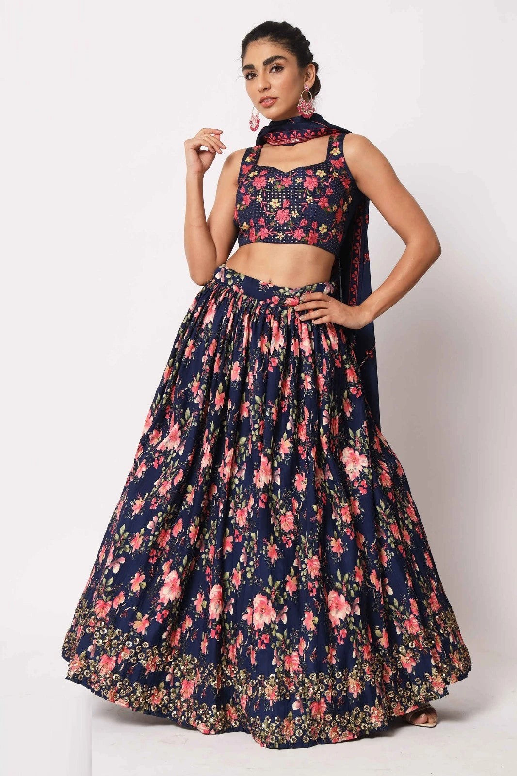 Navy Blue Floral Printed Art Silk Lehenga Choli