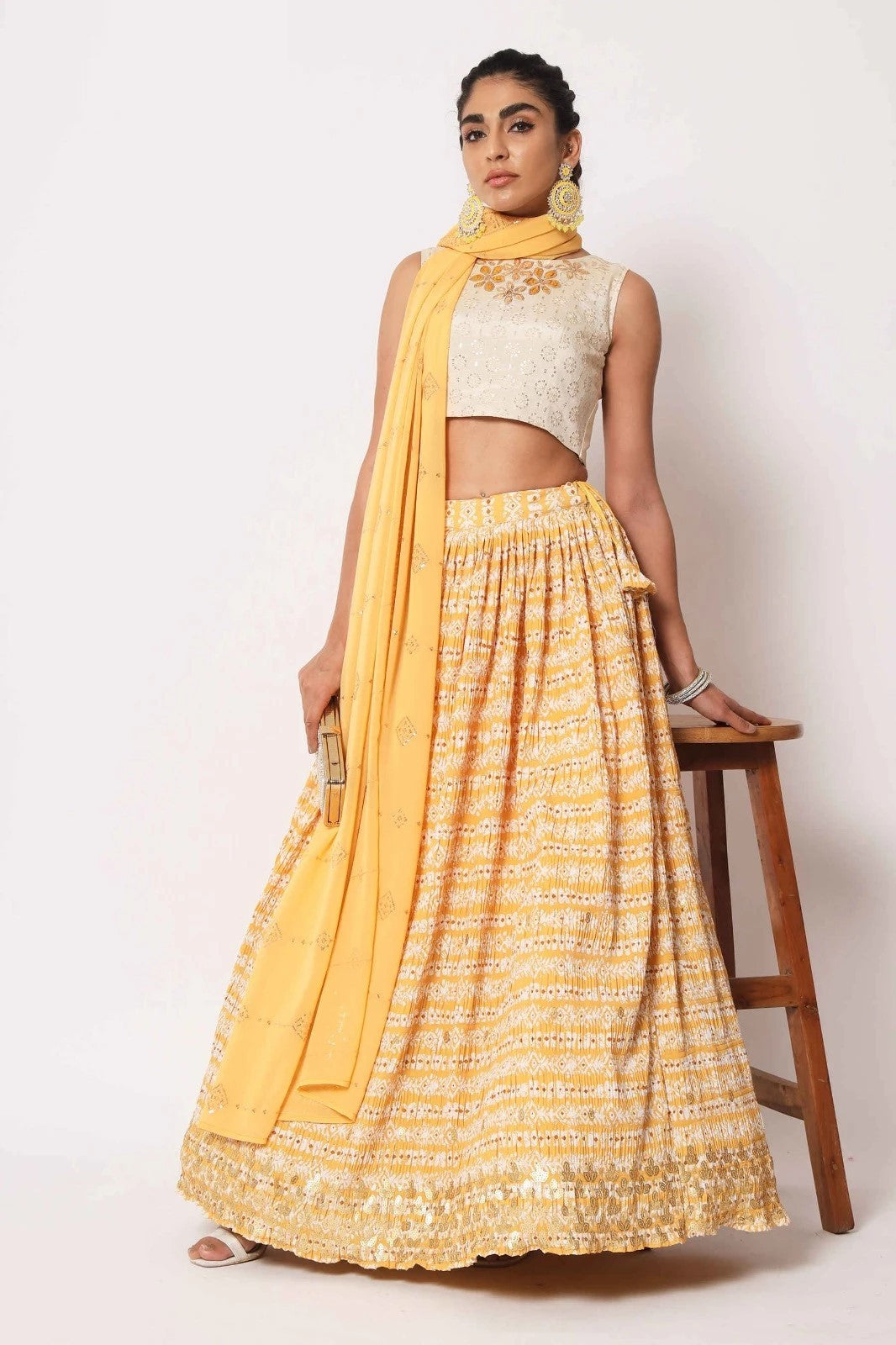 Yellow Floral Printed Art Silk Lehenga Choli