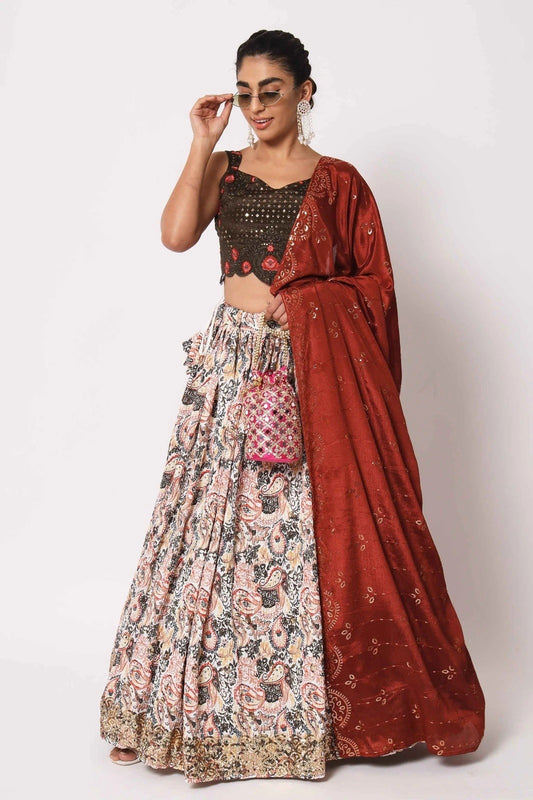 White Floral Printed Art Silk Lehenga Choli