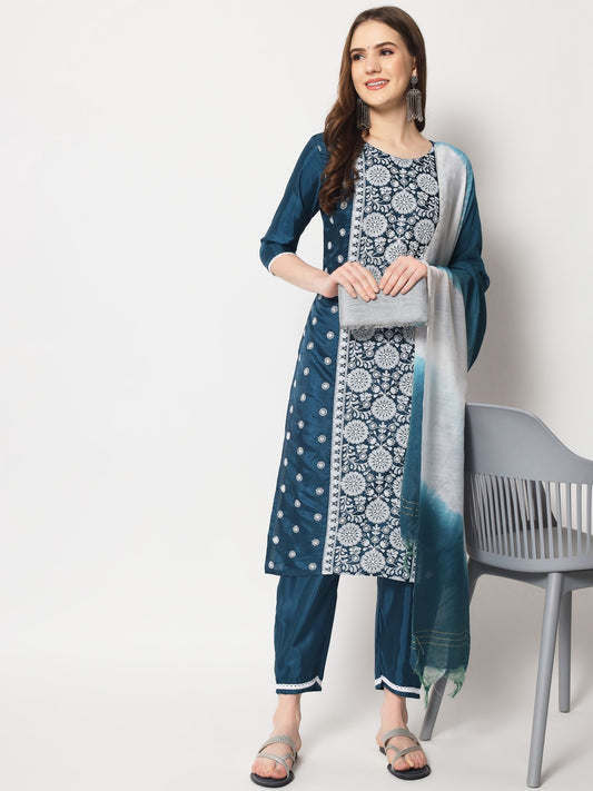 Blue Colour South Silk Embroidery Work Casual Wear Kurta Pant Dupatta Set For Women's