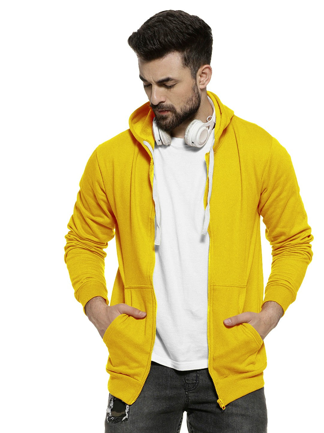 Yellow Colour Premium Zip Hoodie For Men