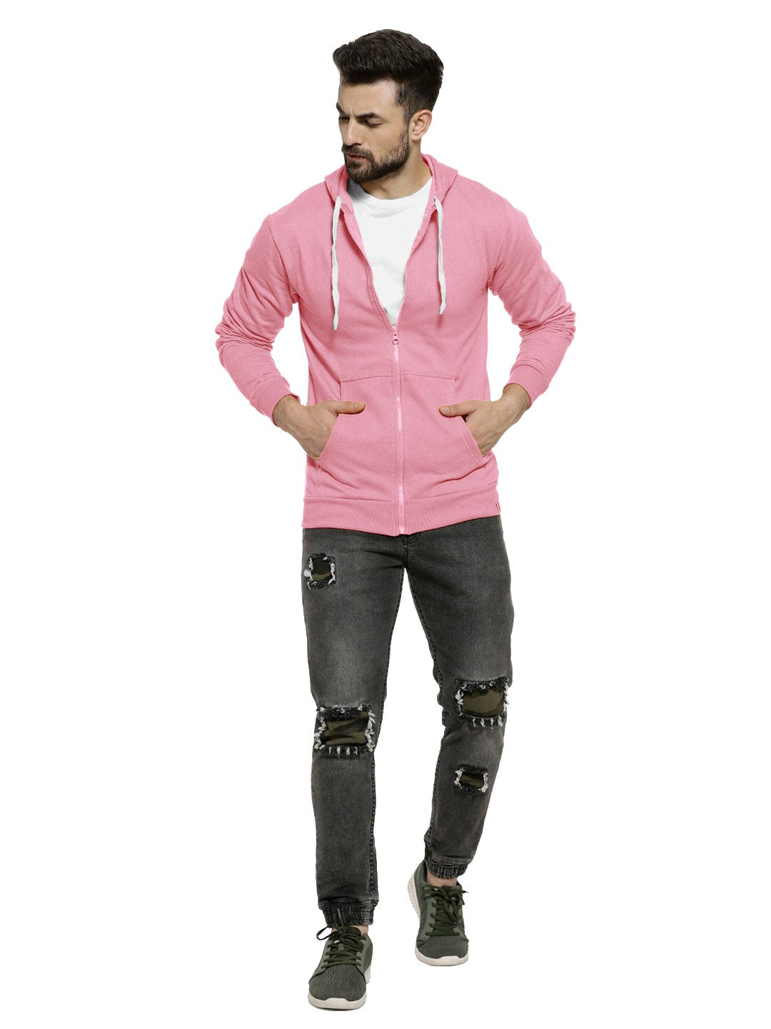 Pink Colour Premium Zip Hoodie For Men