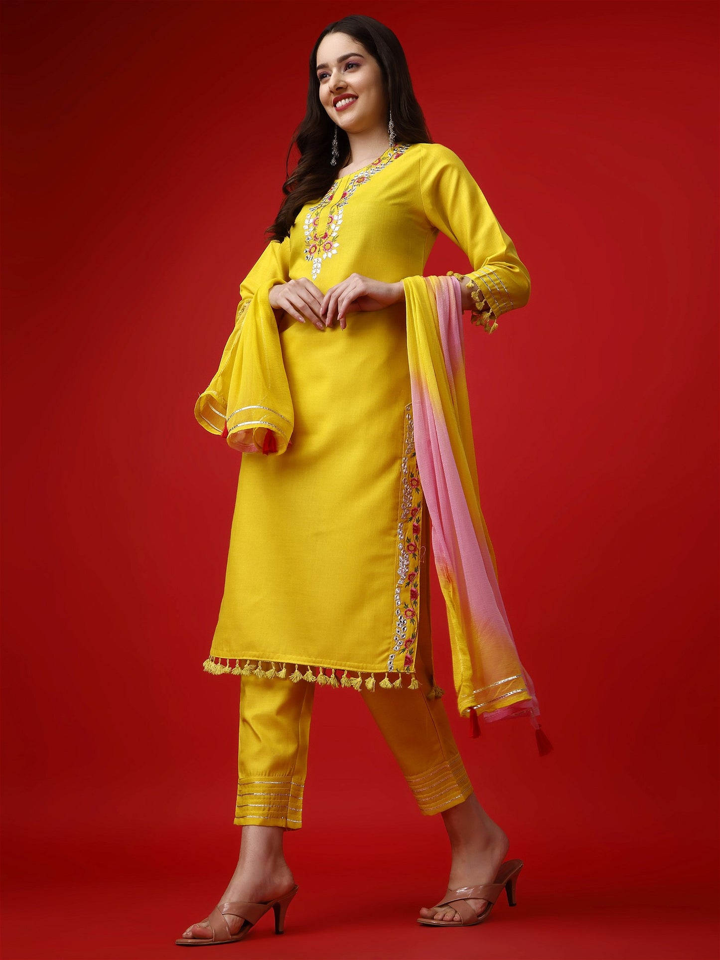 Yellow Party Wear Embroidery Worked Kurta With Pant And Duppata Set