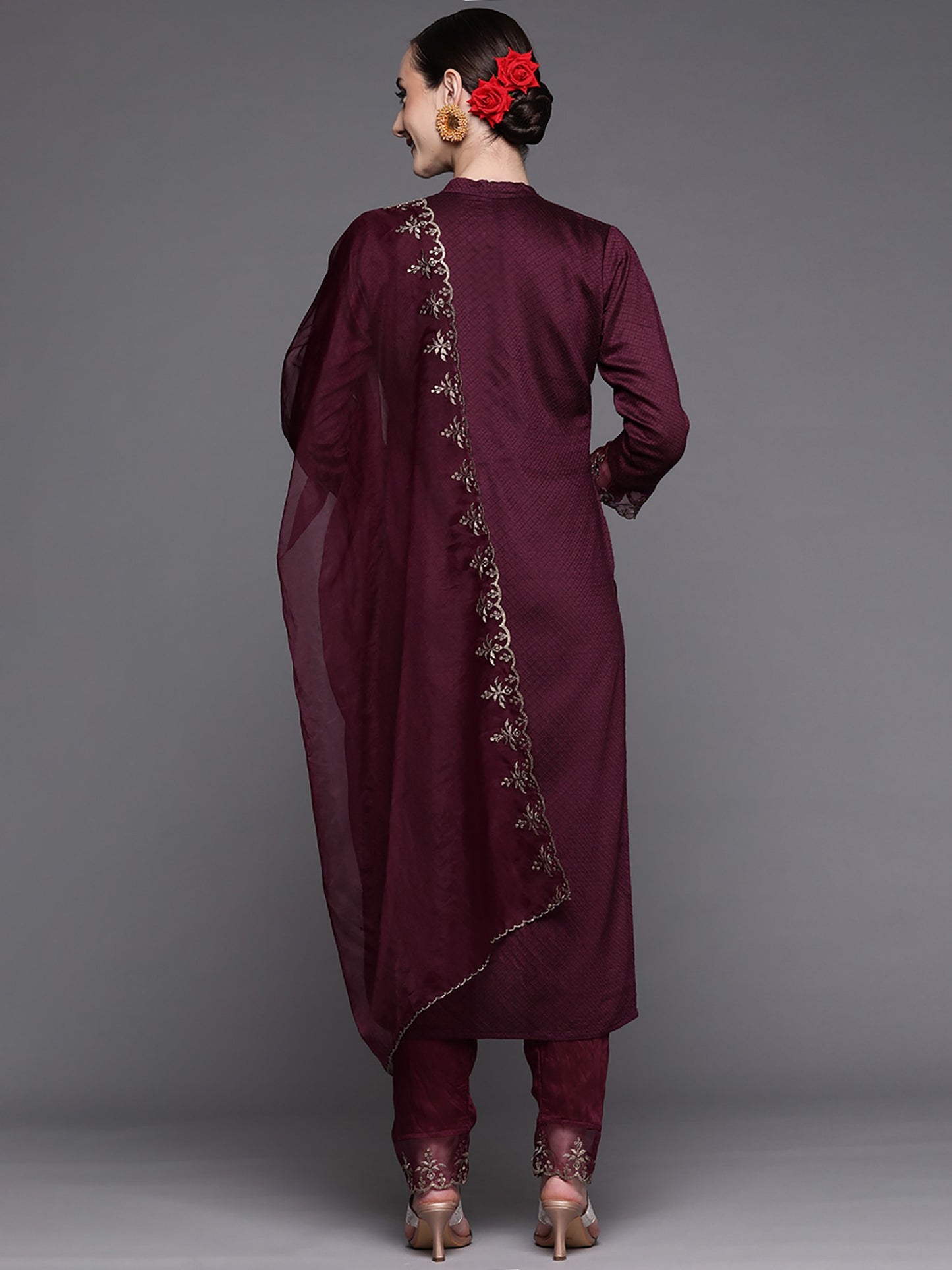 Wine Party Wear Embroidery Worked Kurta With Pant And Duppata Set