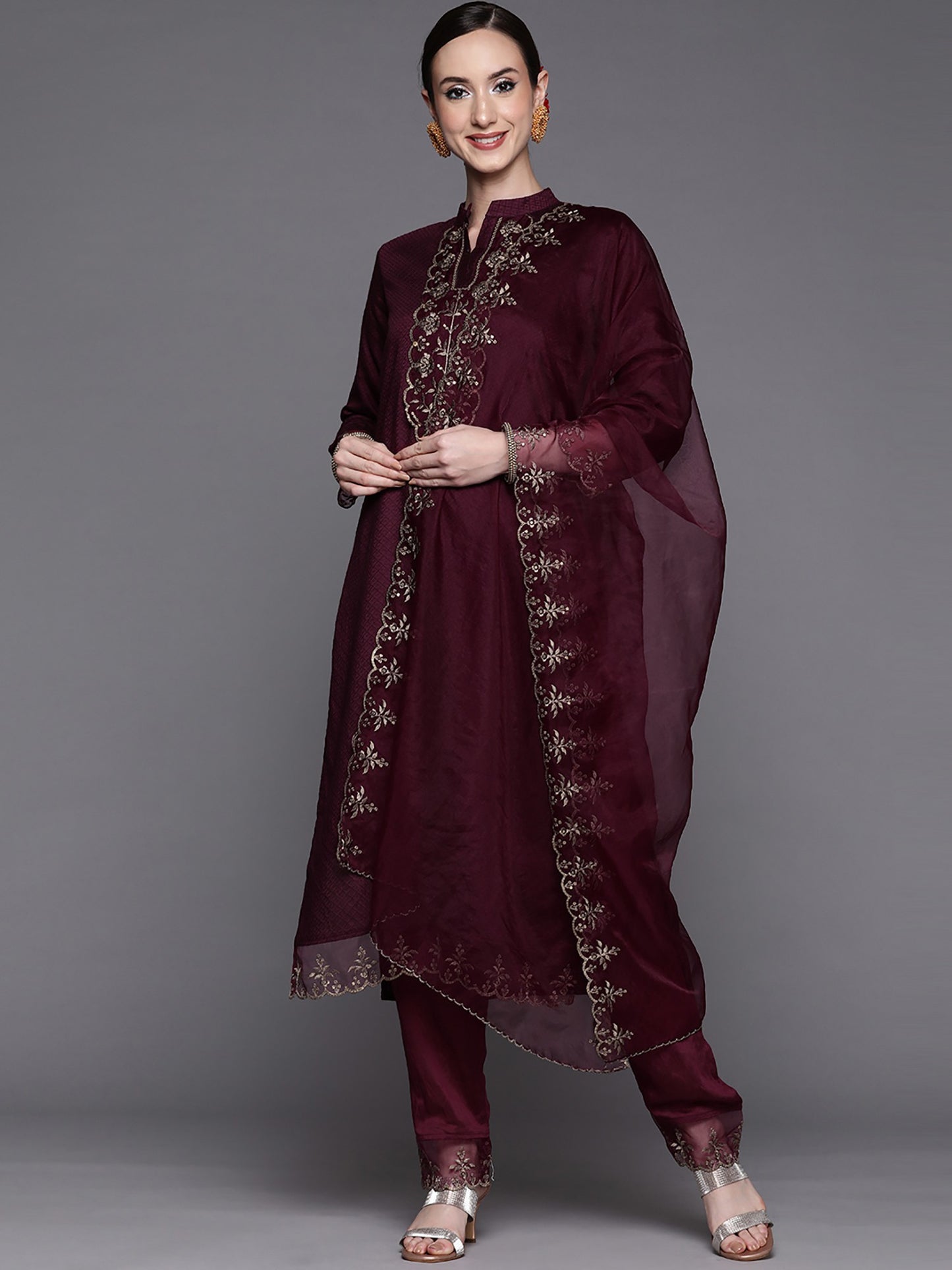 Wine Party Wear Embroidery Worked Kurta With Pant And Duppata Set