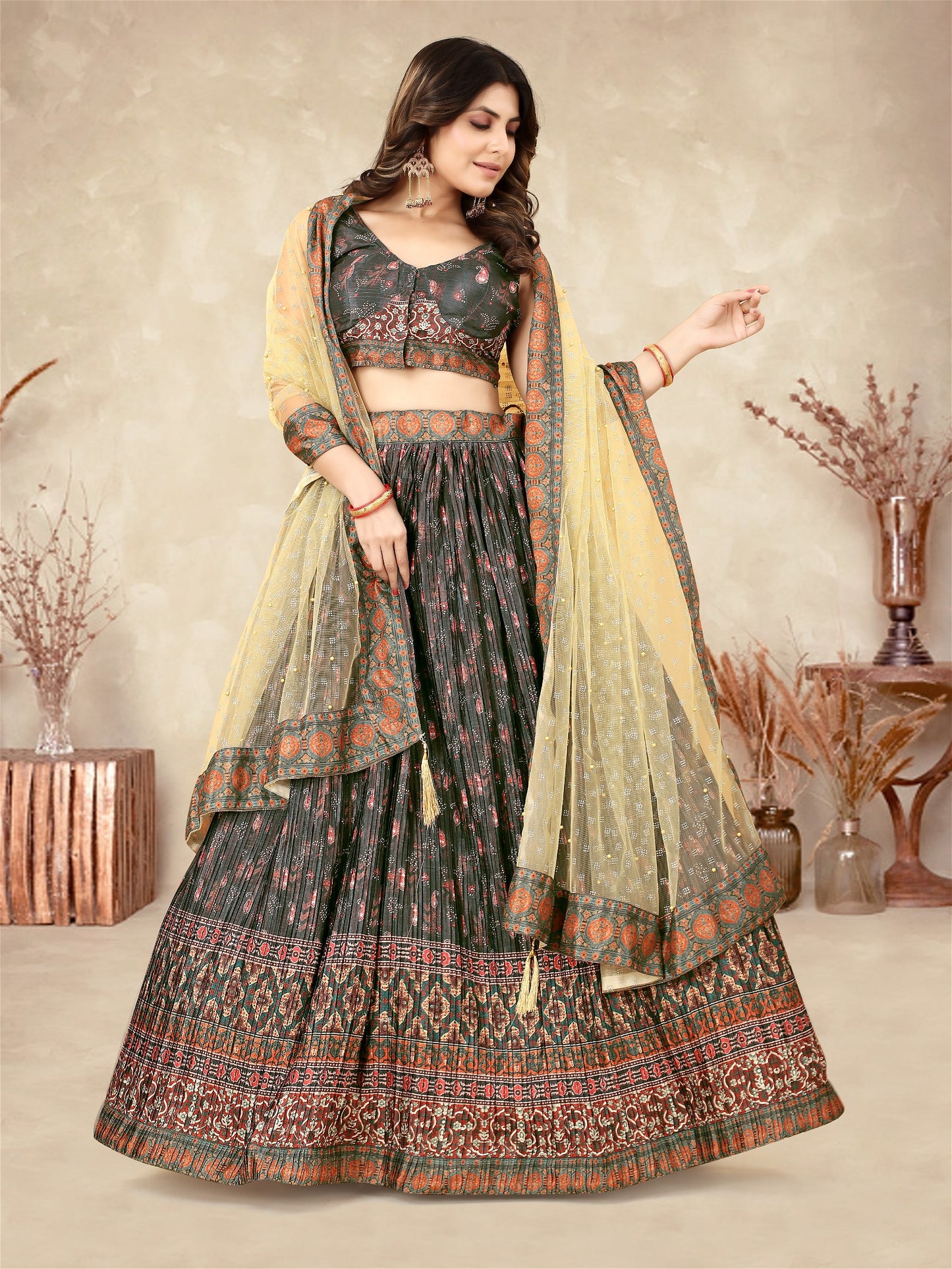 Olive Green Digital Printed Crape Pleated Lehenga Choli For Women