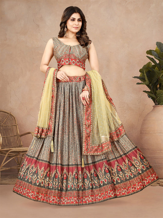 Multi Color Digital Printed Crape Pleated Lehenga Choli For Women