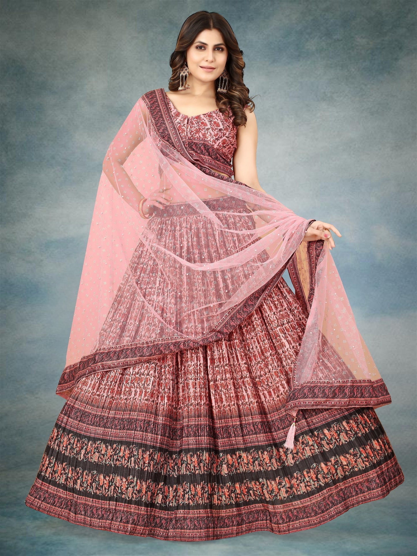 Pink Digital Printed Crape Pleated Lehenga Choli For Women