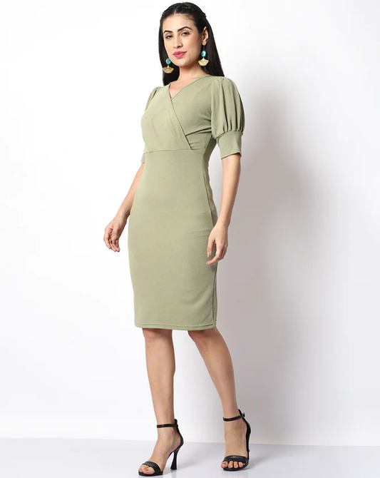 Casual Solid Women Green V-Neck Bodycon