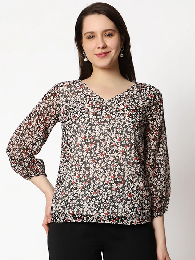 Casual Printed Women Multicolor Round Neck Top