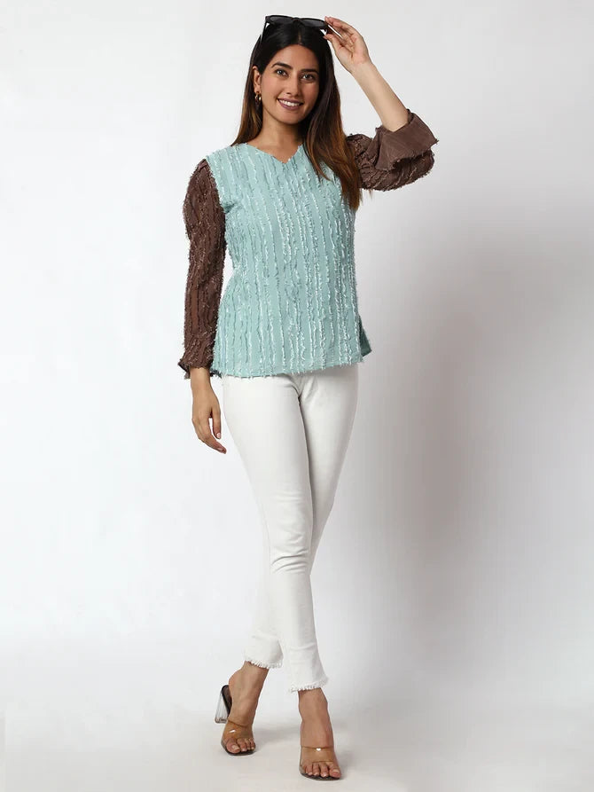 Casual Embellished Women Light Blue,Brown V-Neck Top