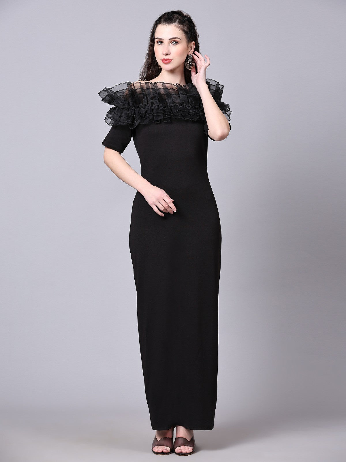 Black  Designer Cotton Lycra Off Shoulder Women's Regular Fit Dress