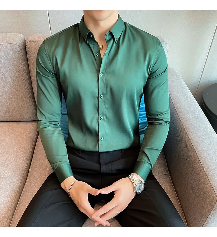 Green Satin Men Regular Fit Solid Button Down Formal Shirt