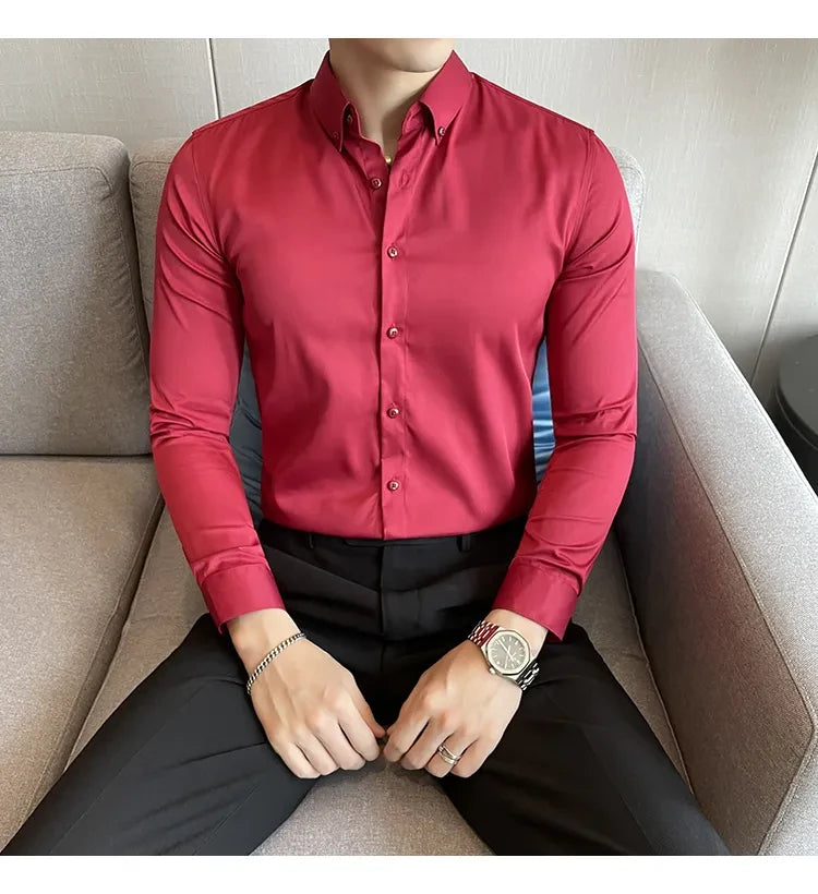 Maroon  Satin Men Regular Fit Solid Button Down Formal Shirt