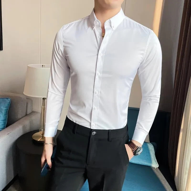 Men Regular Fit Solid Button Down White  Satin Formal Shirt