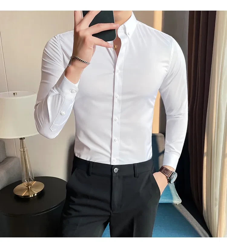 Men Regular Fit Solid Button Down White  Satin Formal Shirt