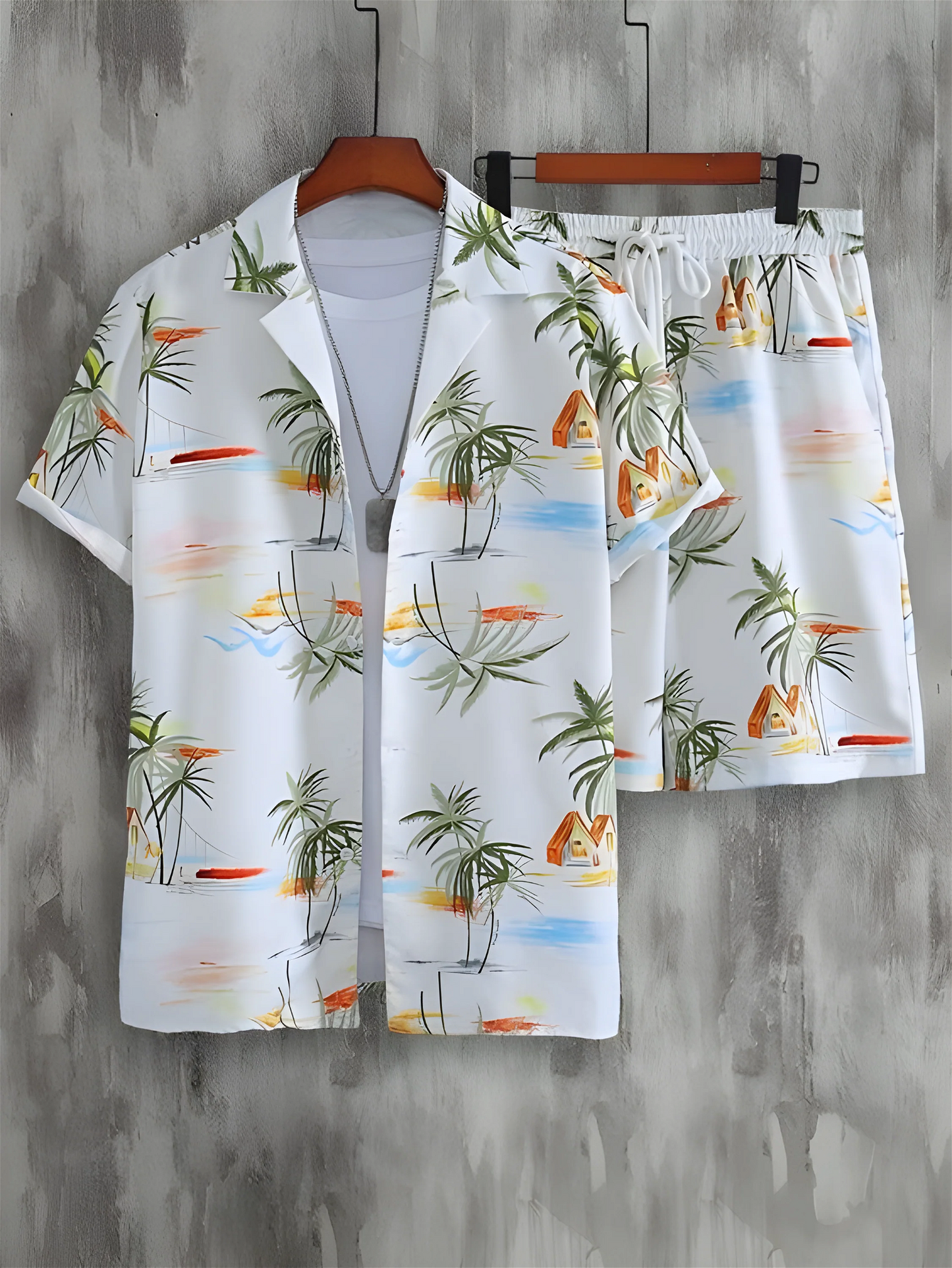 Tree Print Men's Shirt And Shorts Set Short Sleeve