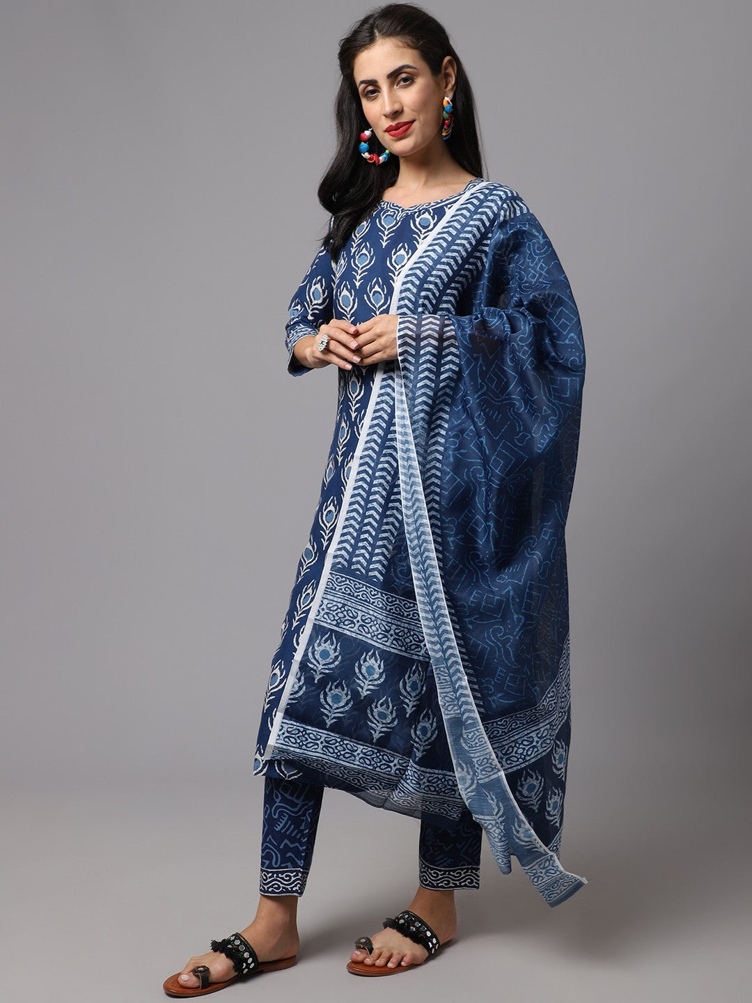 Blue Indigo Printed kurta Set With Dupatta for Women