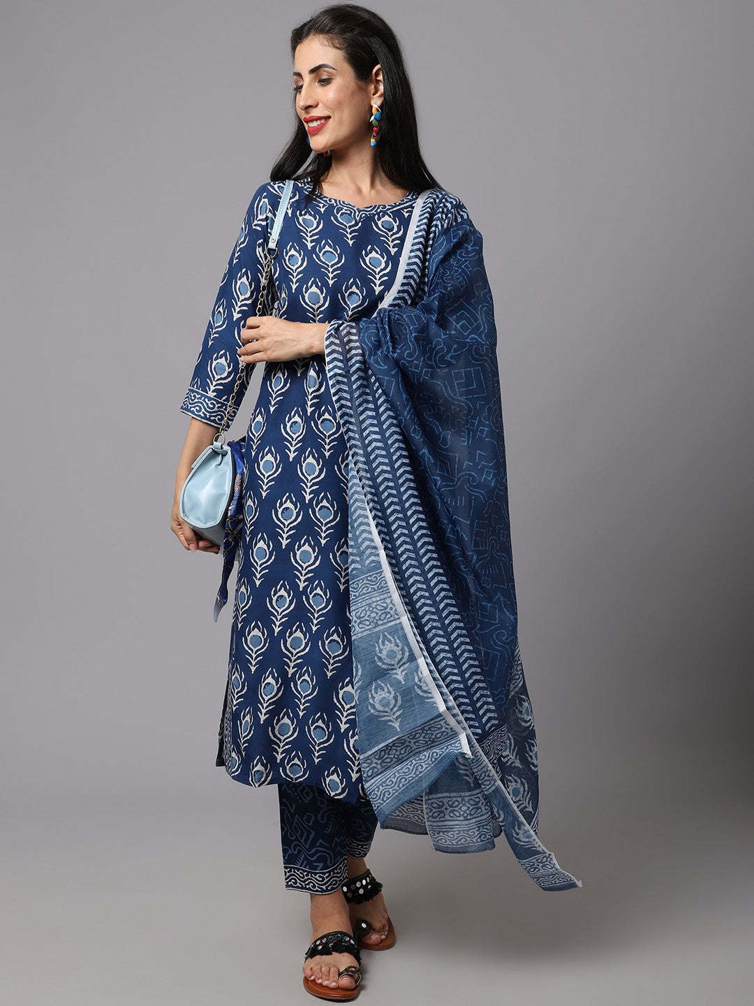 Blue Indigo Printed kurta Set With Dupatta for Women