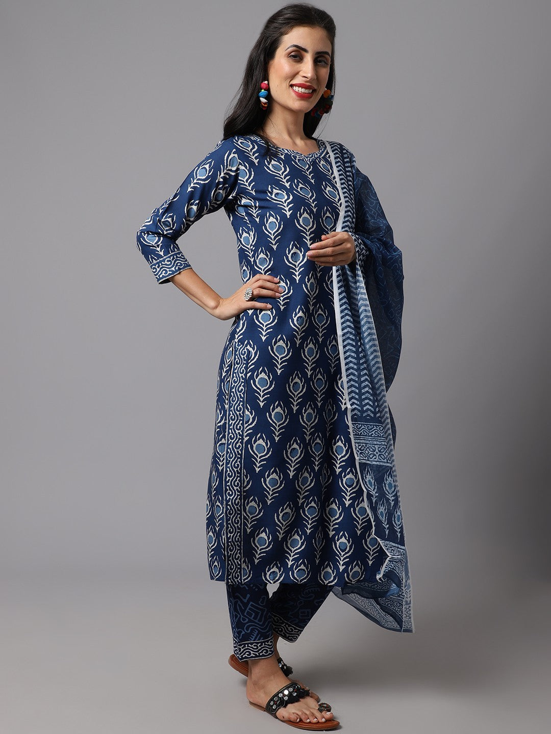 Blue Indigo Printed kurta Set With Dupatta for Women