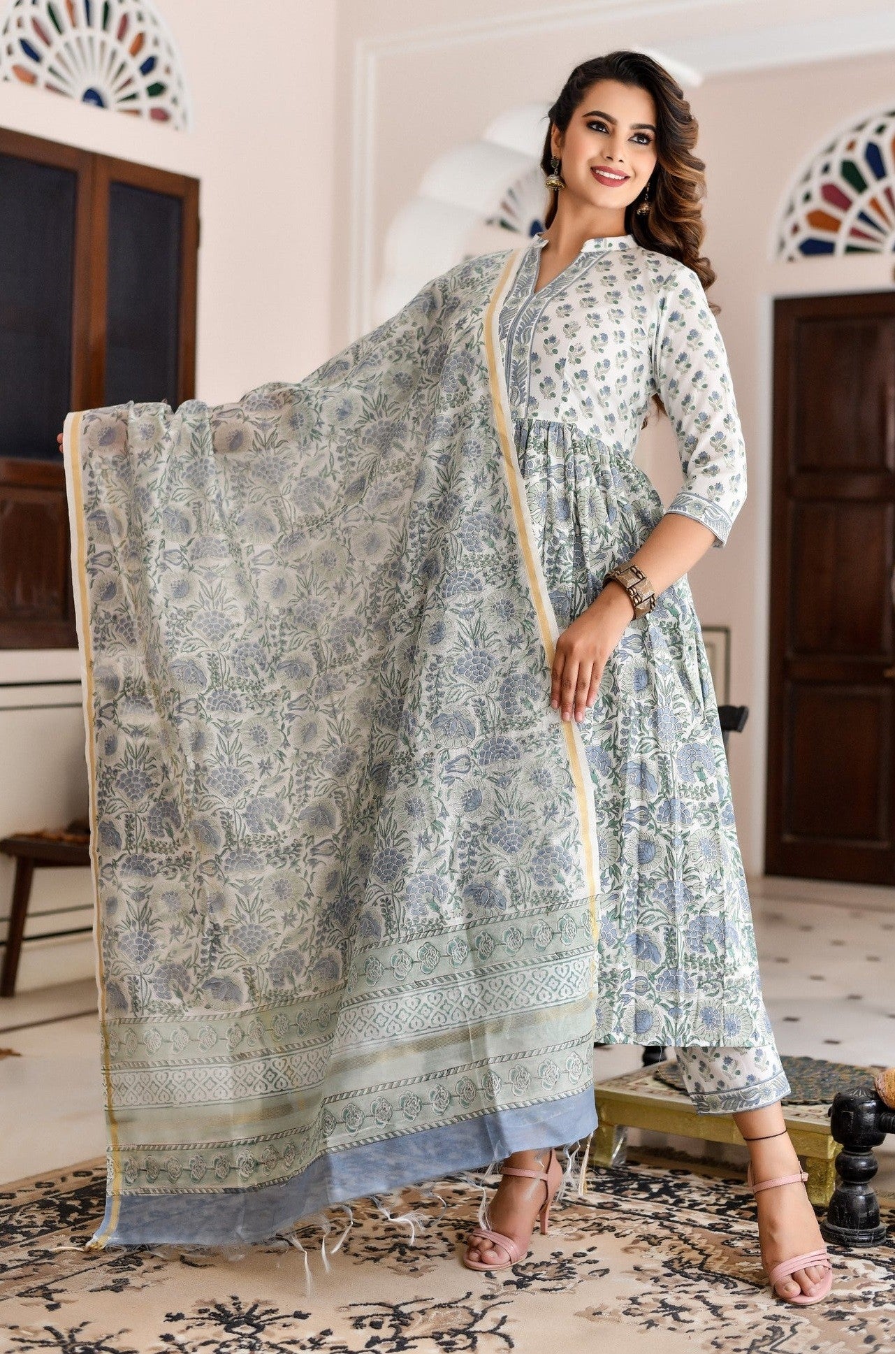 Block Printed Anarkali Kurta and Pant Set with Printed Dupatta for Women