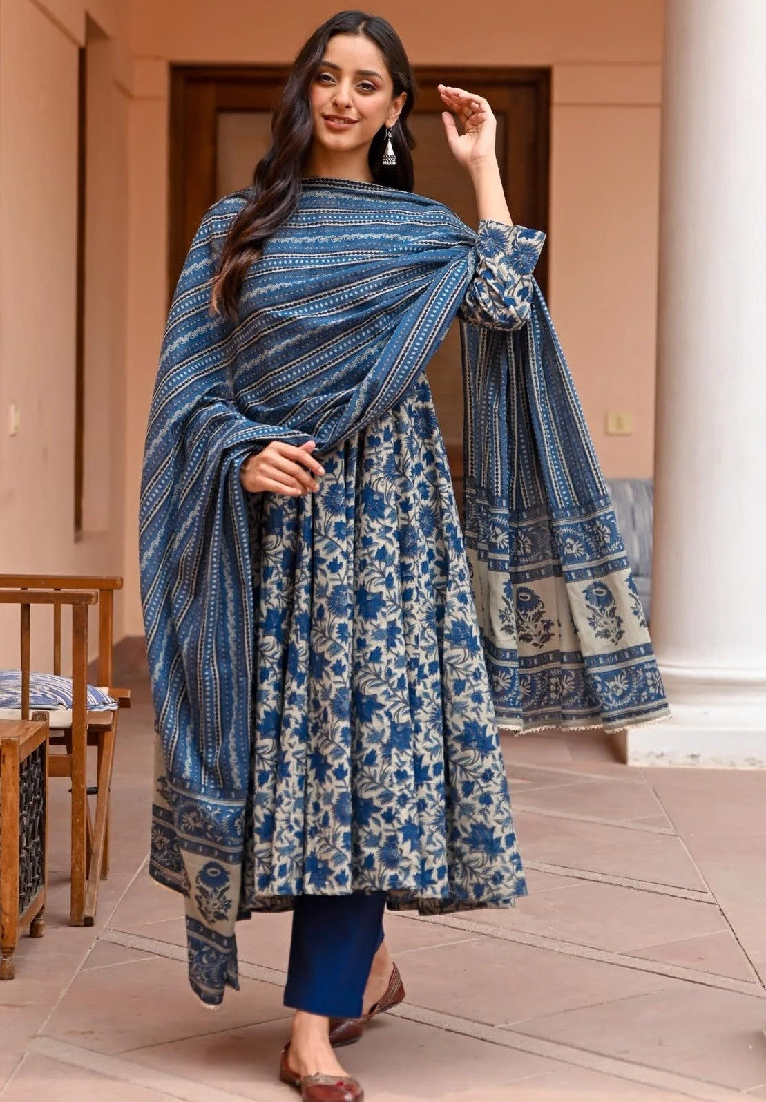 Blue Floral Anarkali Kurta Set For Women