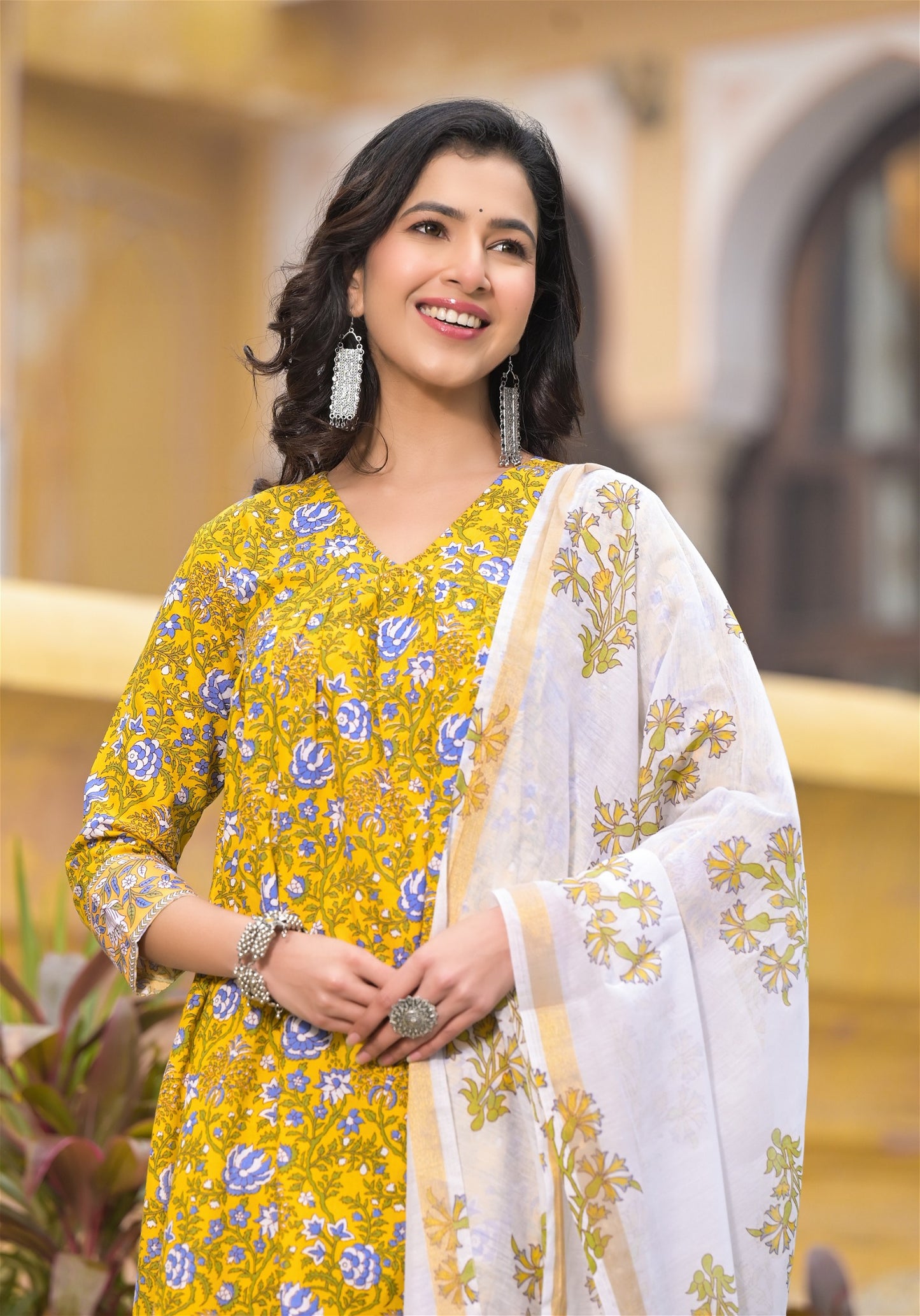 Block Printed Kurta and Pant Set with Dupatta in Yellow Color for Women