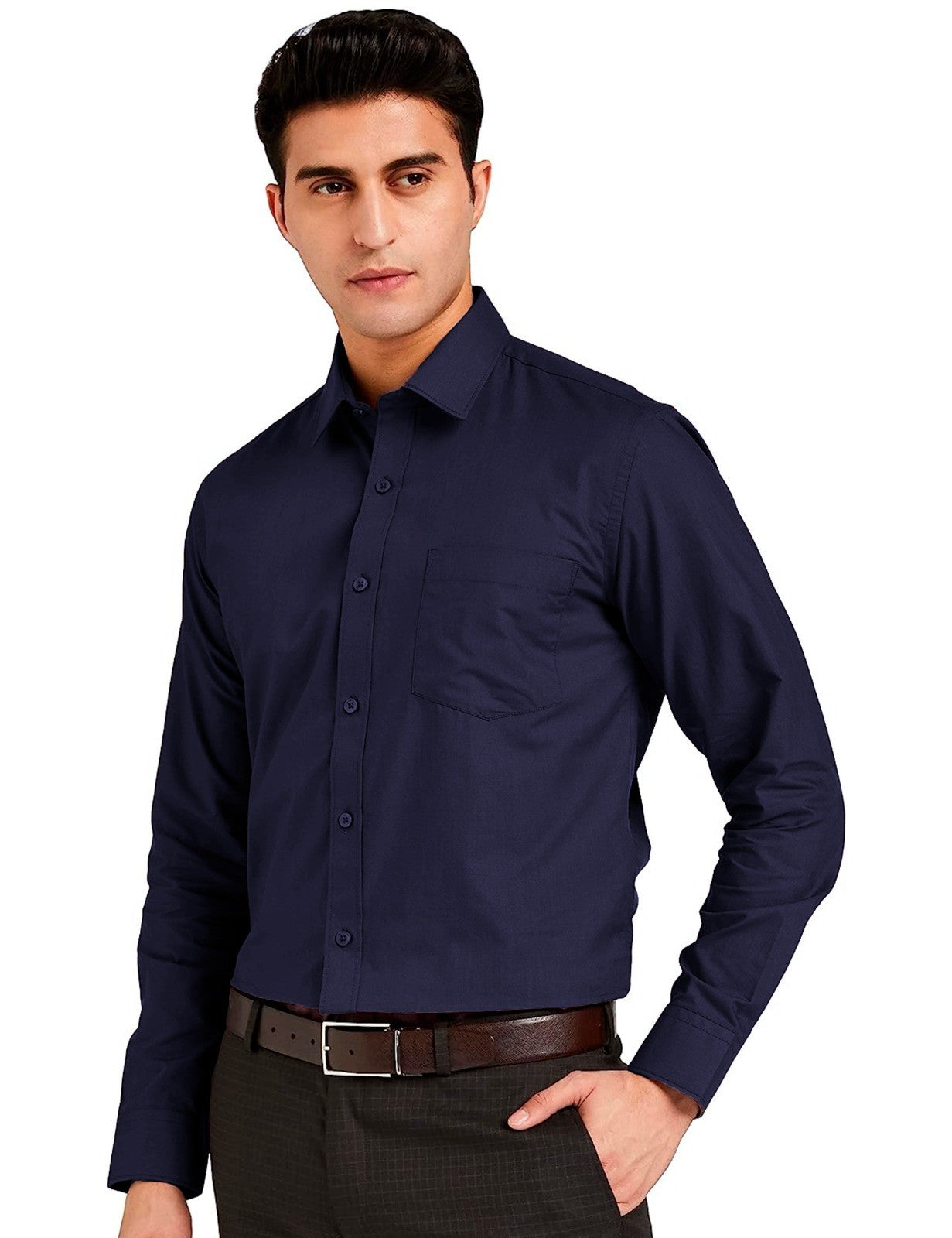 Men Regular Fit Solid Button Down Dark Blue Satin Formal Shirt