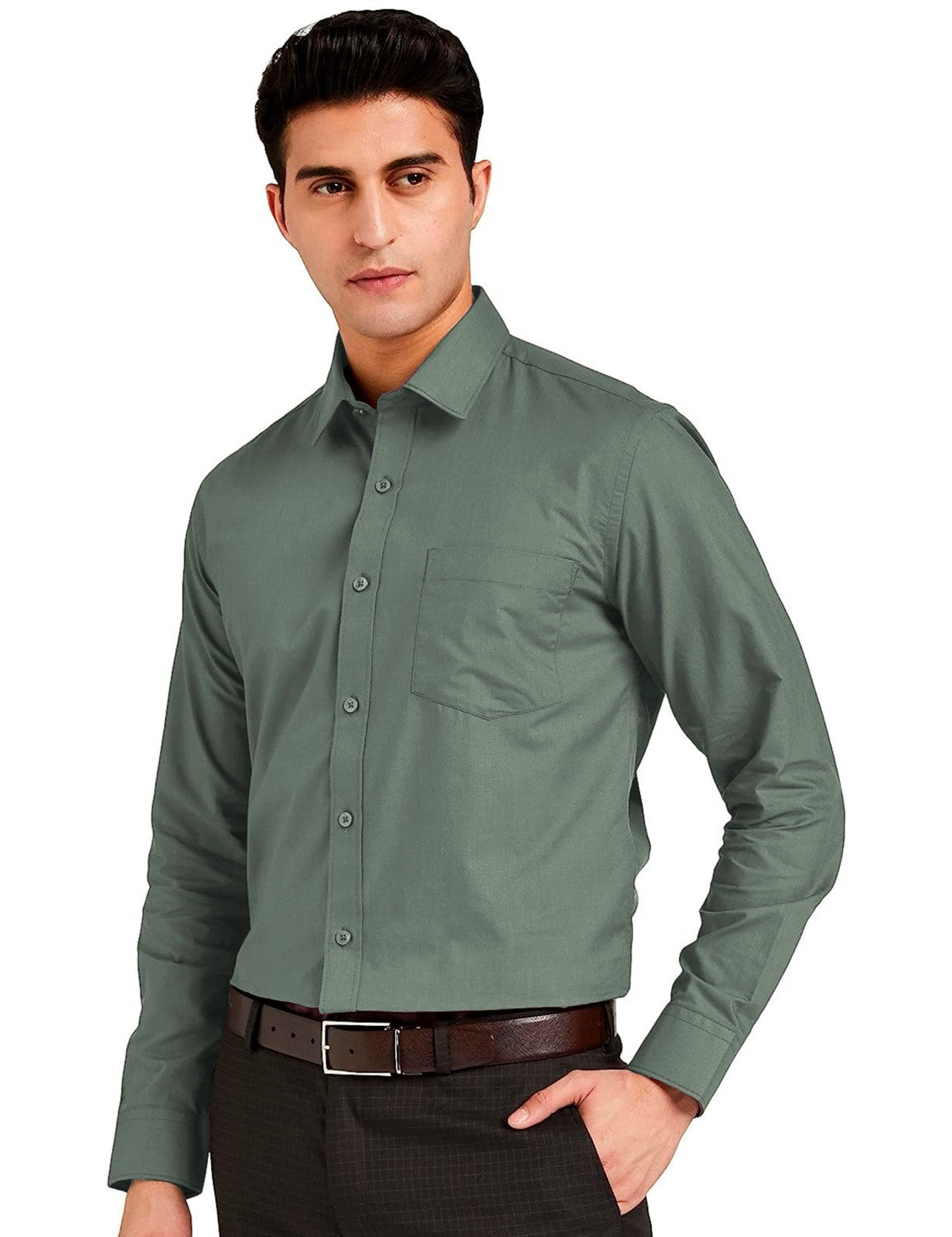 Men Regular Fit Solid Button Down Hunter Green Satin Formal Shirt