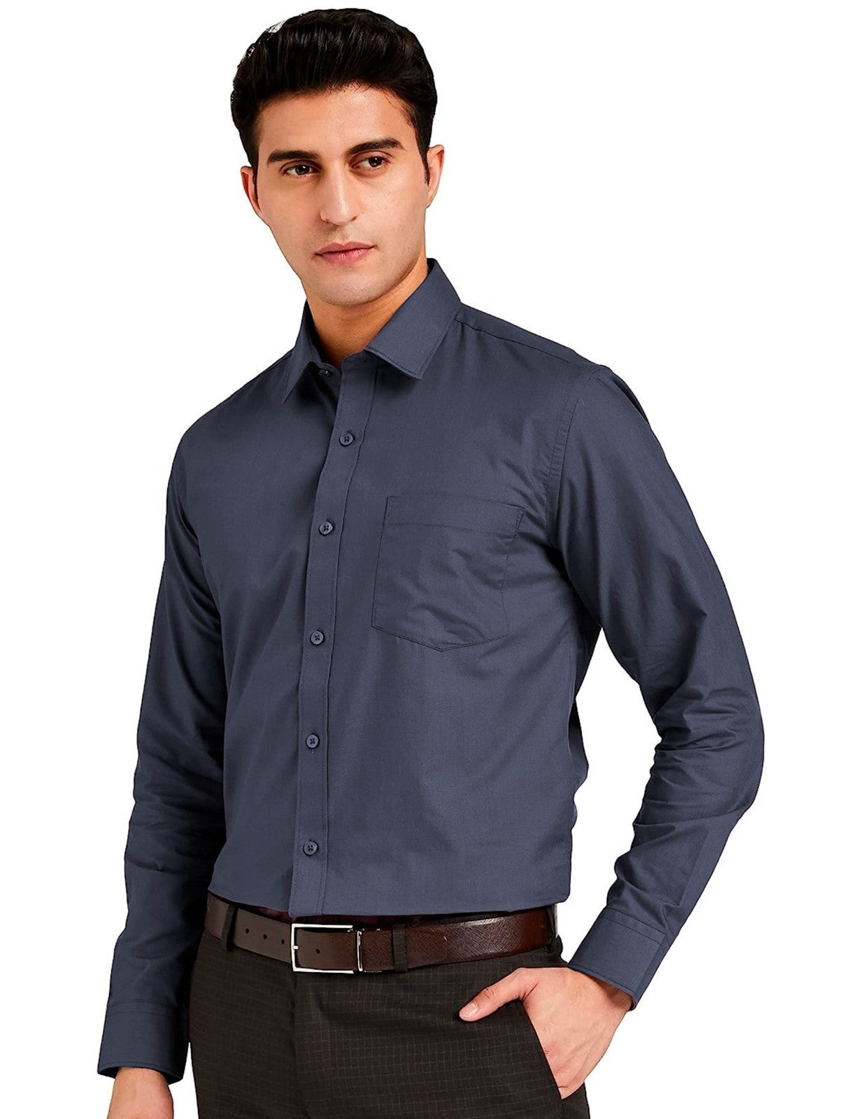 Men Regular Fit Solid Button Down Navy Blue Satin Formal Shirt