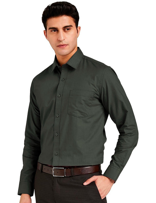 Men Regular Fit Solid Button Down Dark Green Satin Formal Shirt