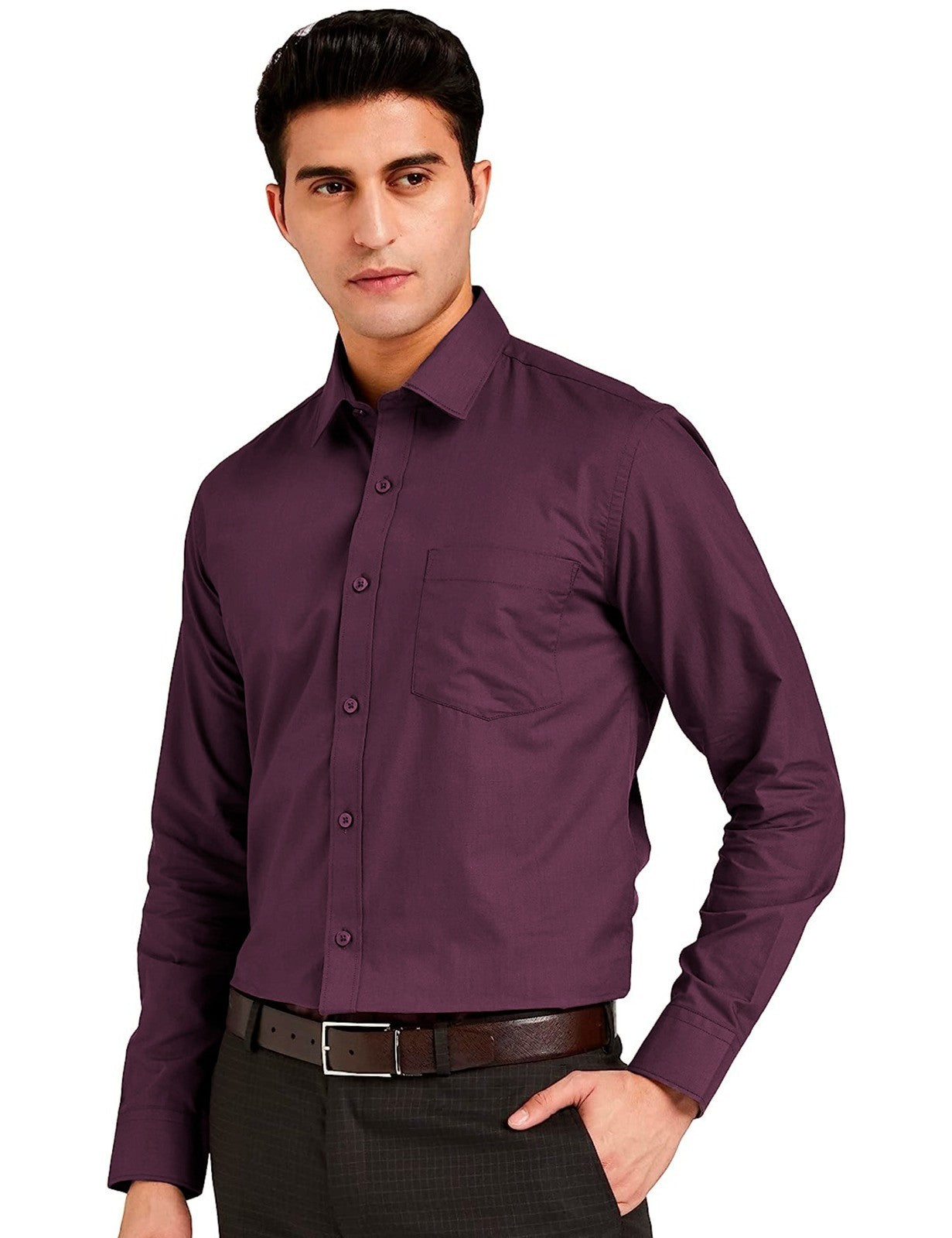 Men Regular Fit Solid Button Down Wine Satin Formal Shirt