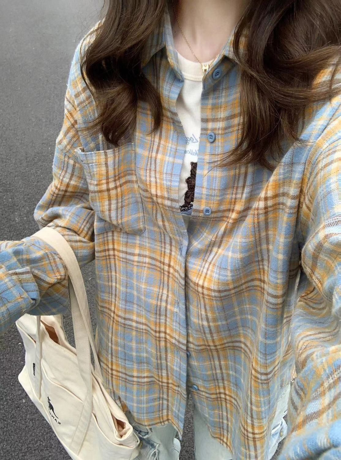 Dopamine Sweet Milky Yellow Plaid Shirt For Women