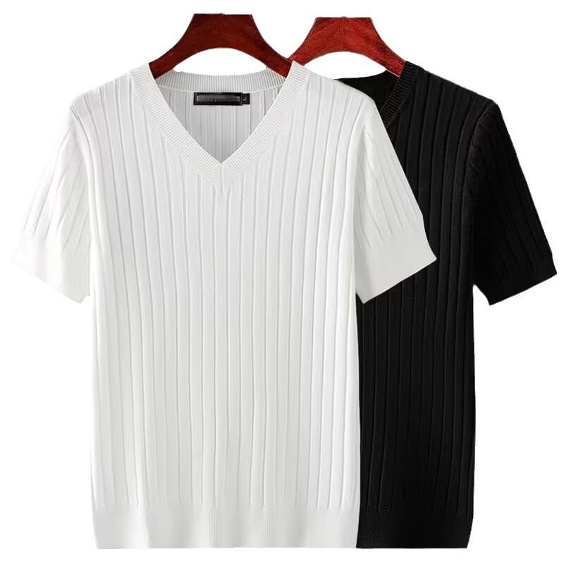 Men's Short-sleeved V-neck Knitted T-shirt