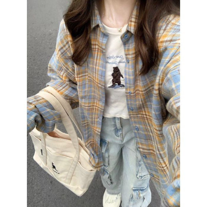 Dopamine Sweet Milky Yellow Plaid Shirt For Women