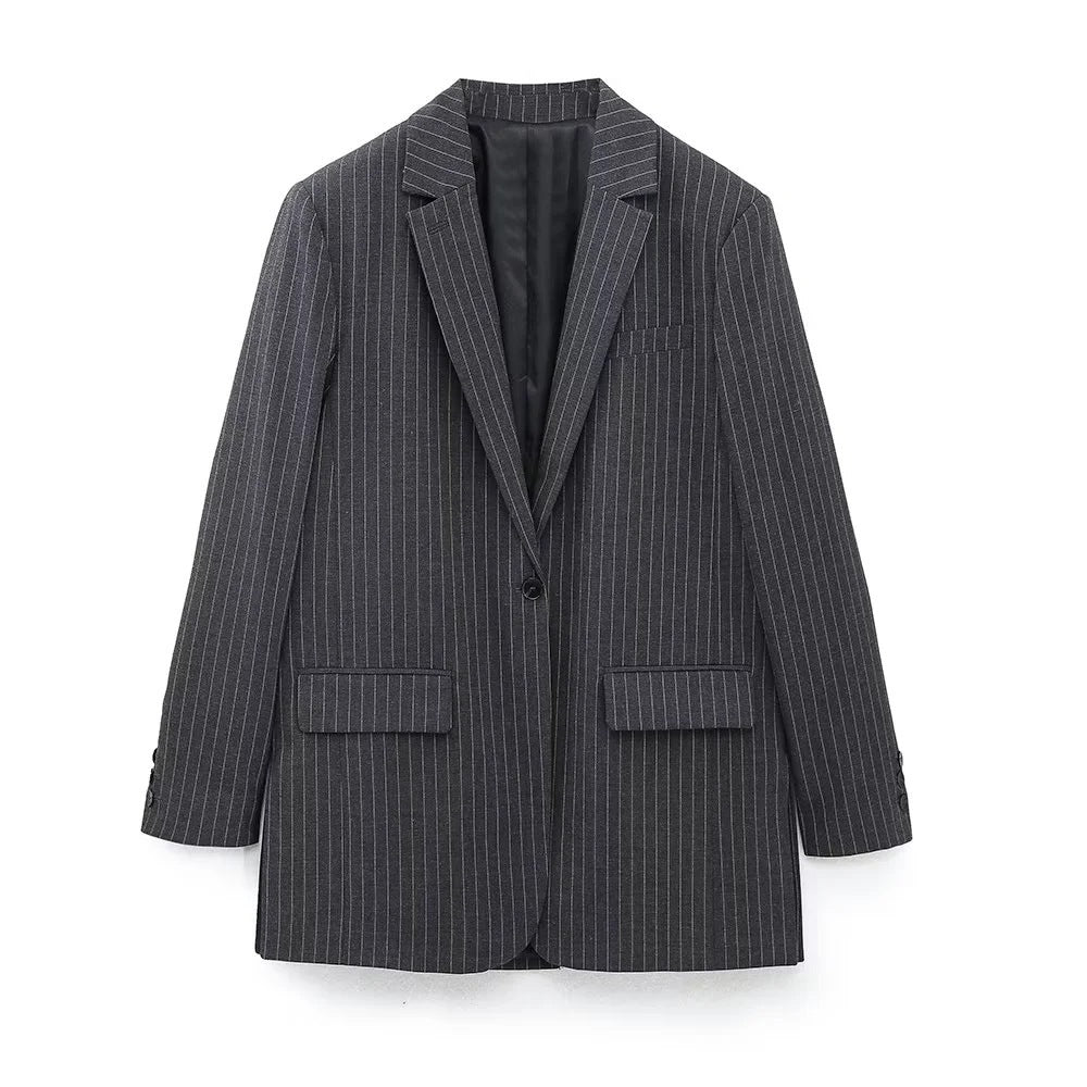 European Style Plus Size Women's Spring Pinstripe Vest Straight Cut Long Shirt Trouser Suit