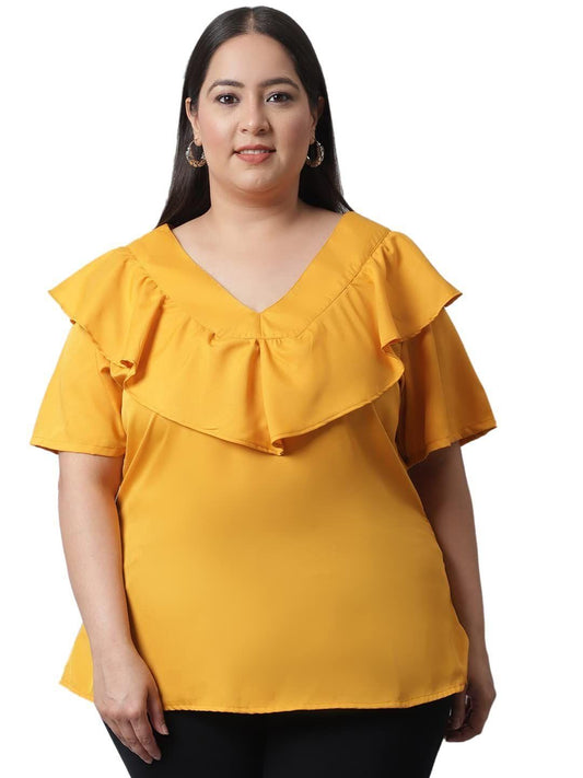 Flambeur Women's Plus Size Solid Mustard Half Sleeve Top