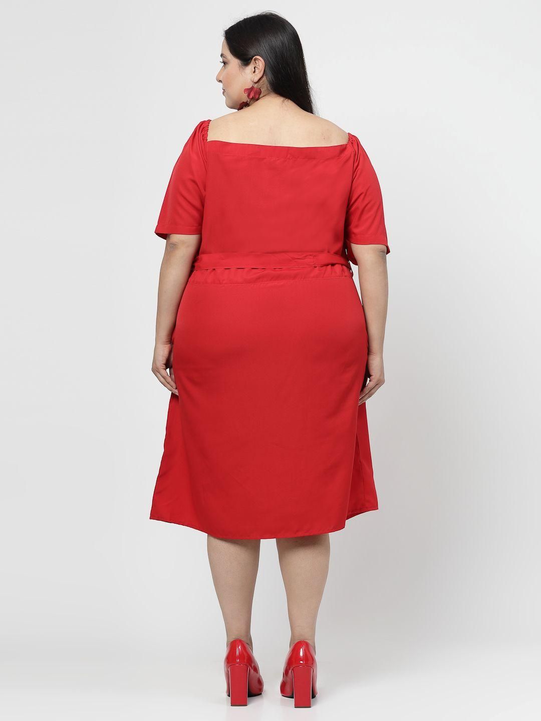 Flambeur Plus Size Red Solid Flared Short Dress for Women